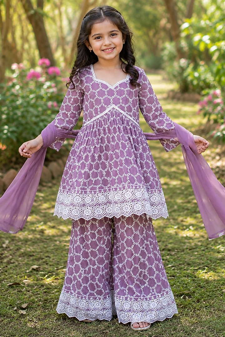 Purple Cotton Printed & Embroidered Sharara Set For Girls by House Of Jamoti Kids at Pernia's Pop Up Shop