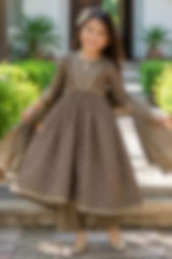 Brown Cotton Block Printed Anarkali Set For Girls by House Of Jamoti Kids at Pernia's Pop Up Shop