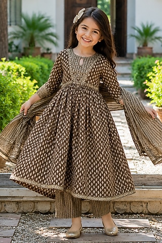 Brown Cotton Block Printed Anarkali Set For Girls by House Of Jamoti Kids