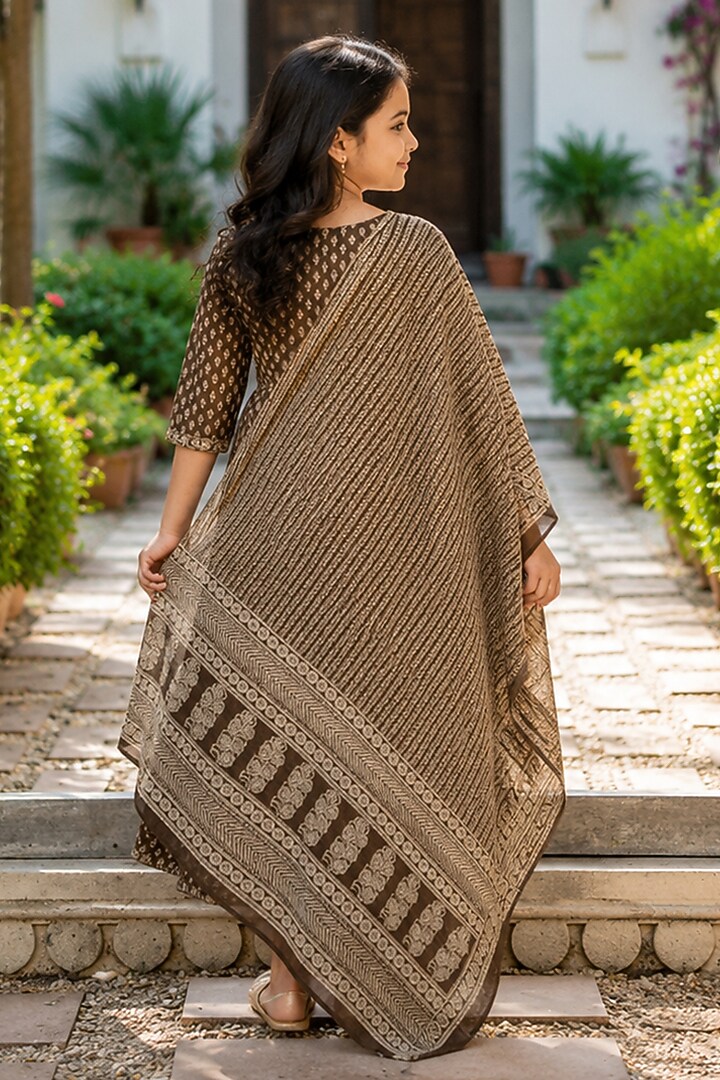 Brown Cotton Block Printed Anarkali Set For Girls by House Of Jamoti Kids at Pernia's Pop Up Shop