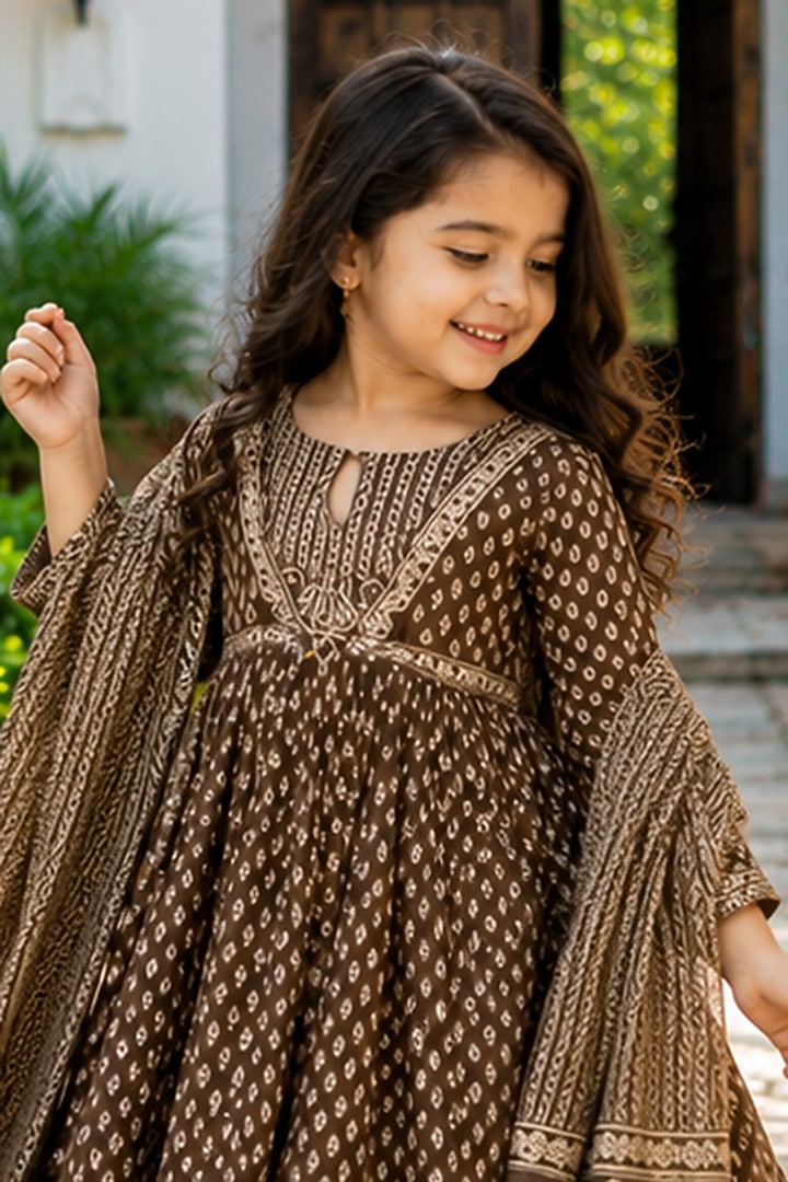 Brown Cotton Block Printed Anarkali Set For Girls by House Of Jamoti Kids at Pernia's Pop Up Shop