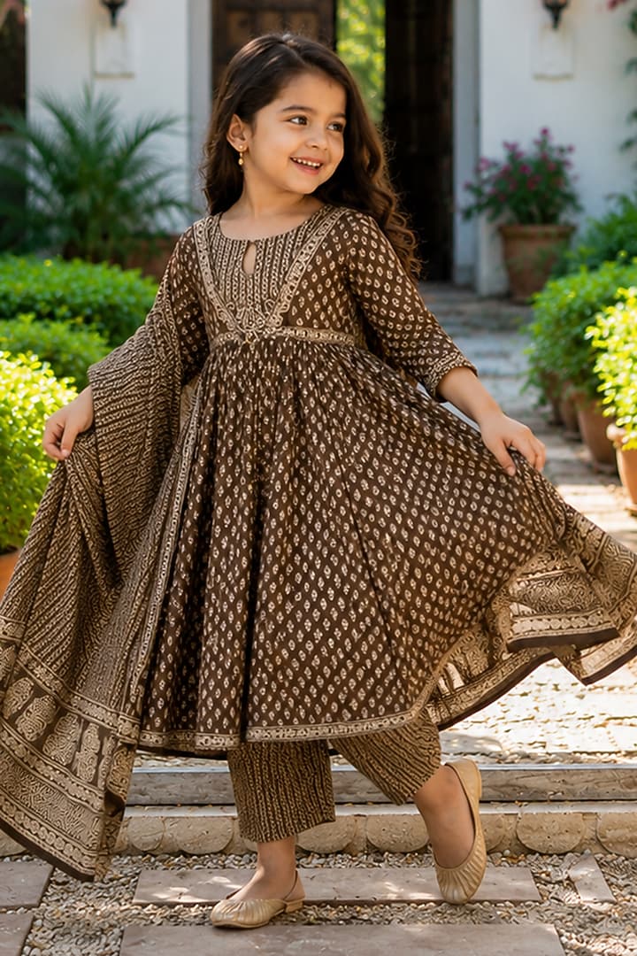 Brown Cotton Block Printed Anarkali Set For Girls by House Of Jamoti Kids at Pernia's Pop Up Shop