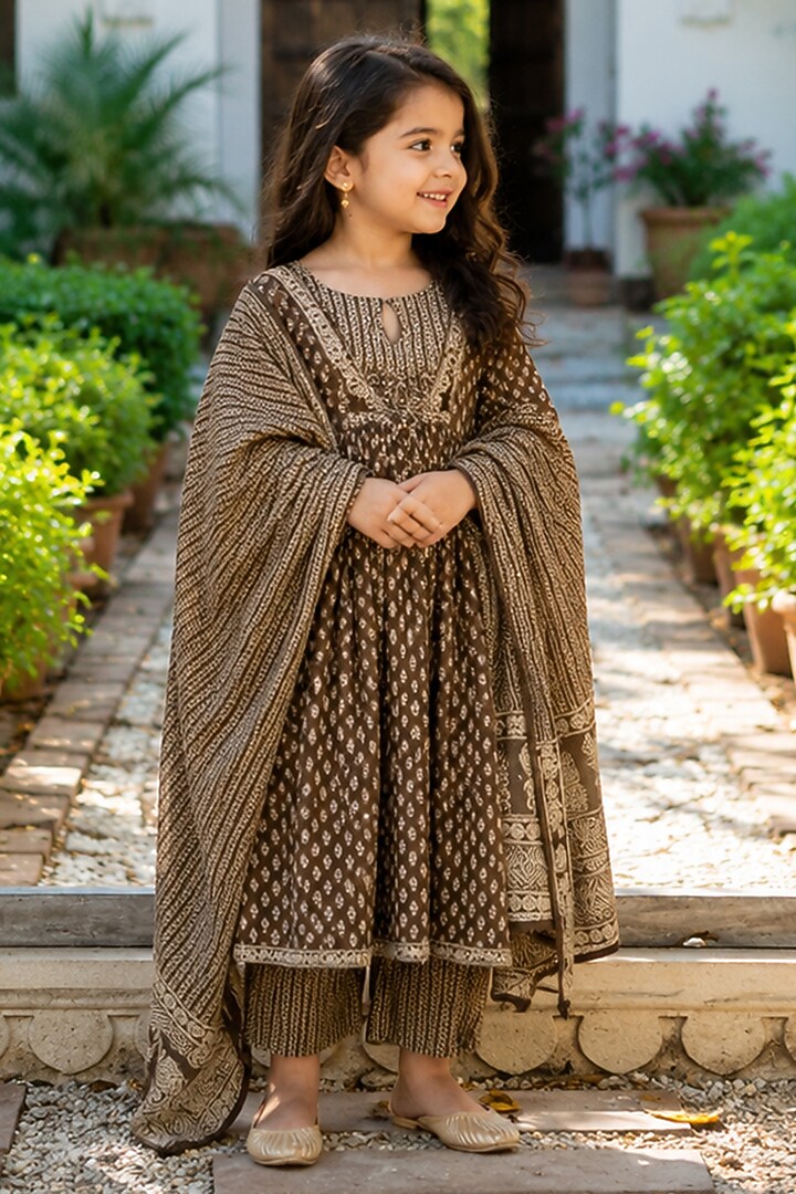 Brown Cotton Block Printed Anarkali Set For Girls by House Of Jamoti Kids at Pernia's Pop Up Shop