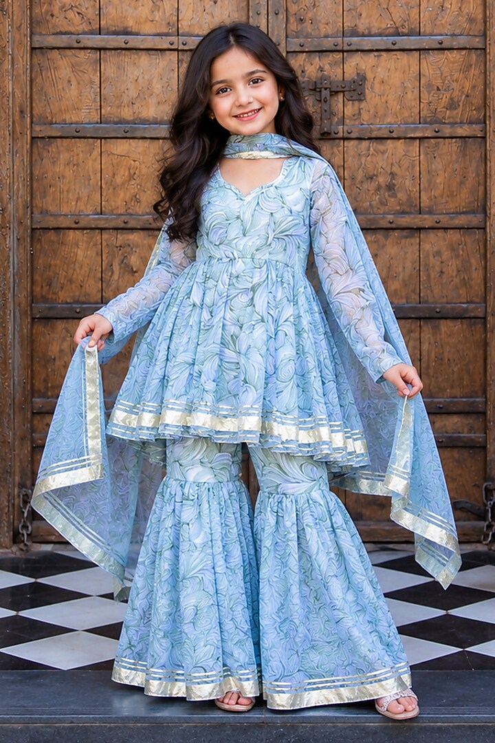 Leaf Green Georgette Printed Sharara Set For Girls by House Of Jamoti Kids at Pernia's Pop Up Shop