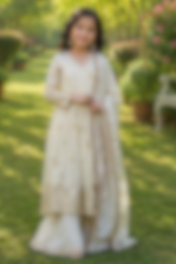 Ivory Tissue Embroidered Angrakha Anarkali Set For Girls by House Of Jamoti Kids at Pernia's Pop Up Shop