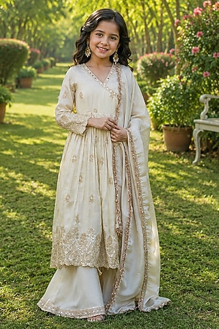 Ivory Tissue Embroidered Angrakha Anarkali Set For Girls by House Of Jamoti Kids