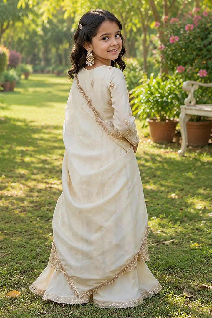 Ivory Tissue Embroidered Angrakha Anarkali Set For Girls by House Of Jamoti Kids at Pernia's Pop Up Shop