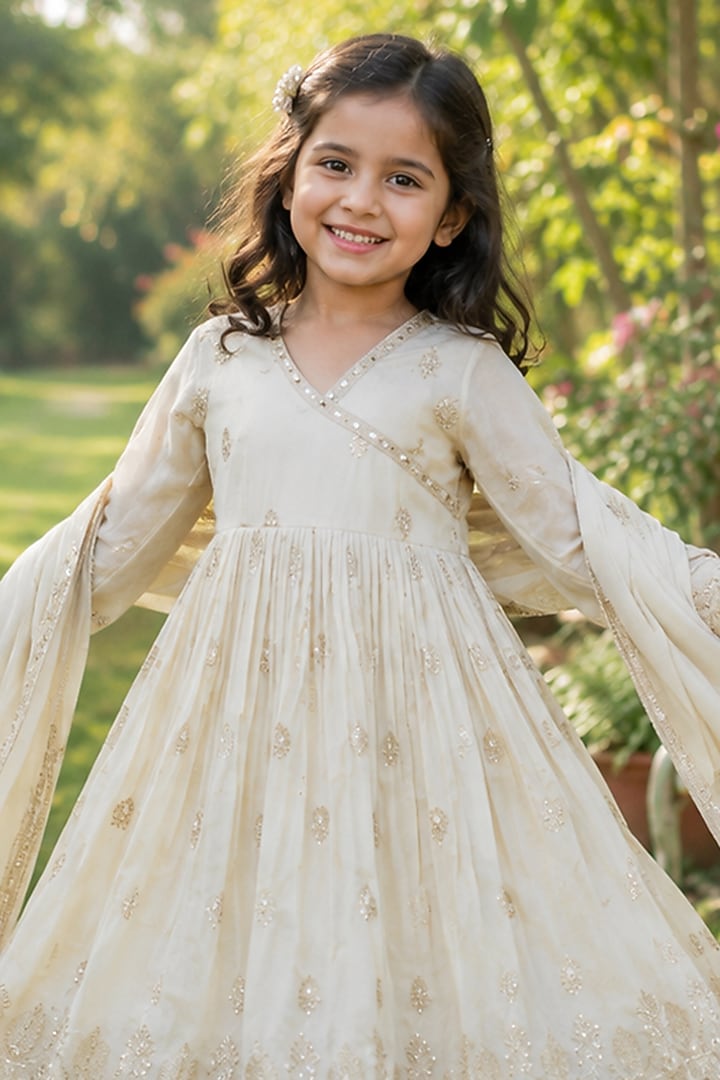 Ivory Tissue Embroidered Angrakha Anarkali Set For Girls by House Of Jamoti Kids at Pernia's Pop Up Shop