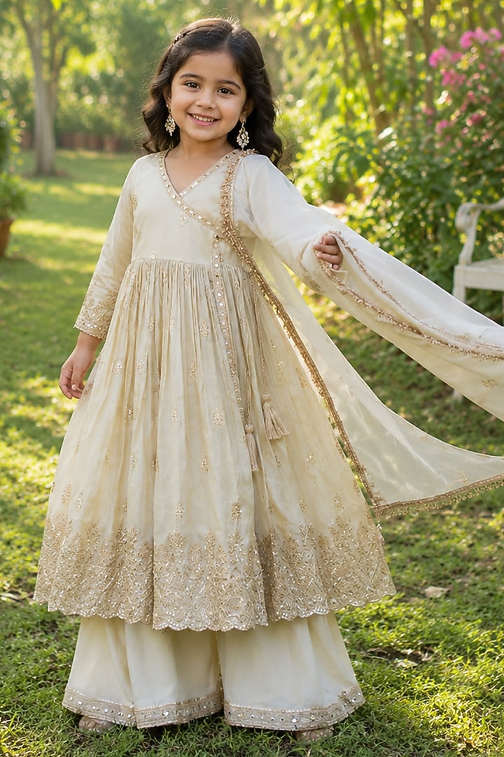 Ivory Tissue Embroidered Angrakha Anarkali Set For Girls by House Of Jamoti Kids at Pernia's Pop Up Shop