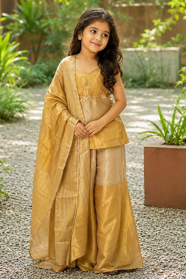 Gold Tissue Sharara Set For Girls by House Of Jamoti Kids at Pernia's Pop Up Shop