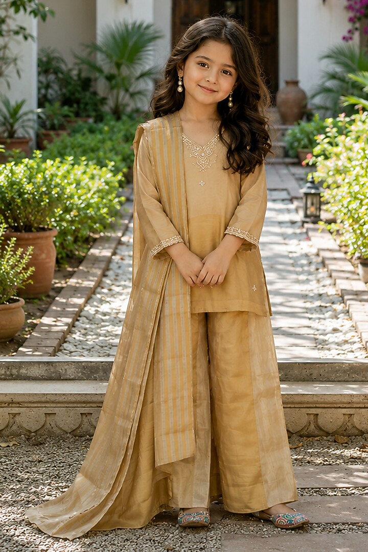 Gold Tissue Sharara Set For Girls by House Of Jamoti Kids at Pernia's Pop Up Shop