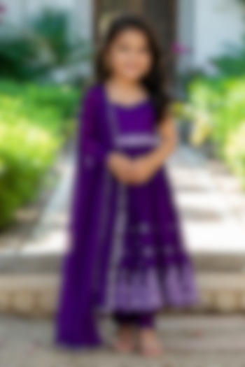 Deep Purple Muslin Embroidered Anarkali Set For Girls by House Of Jamoti Kids at Pernia's Pop Up Shop
