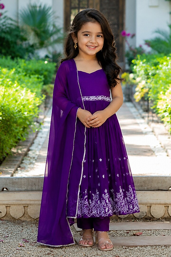 Deep Purple Muslin Embroidered Anarkali Set For Girls by House Of Jamoti Kids at Pernia's Pop Up Shop