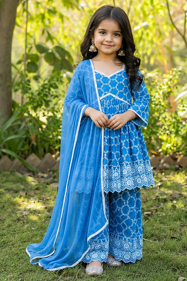 Blue Cotton Sharara Set For Girls by House Of Jamoti Kids at Pernia's Pop Up Shop