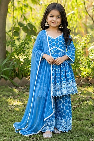 Blue Cotton Sharara Set For Girls by House Of Jamoti Kids