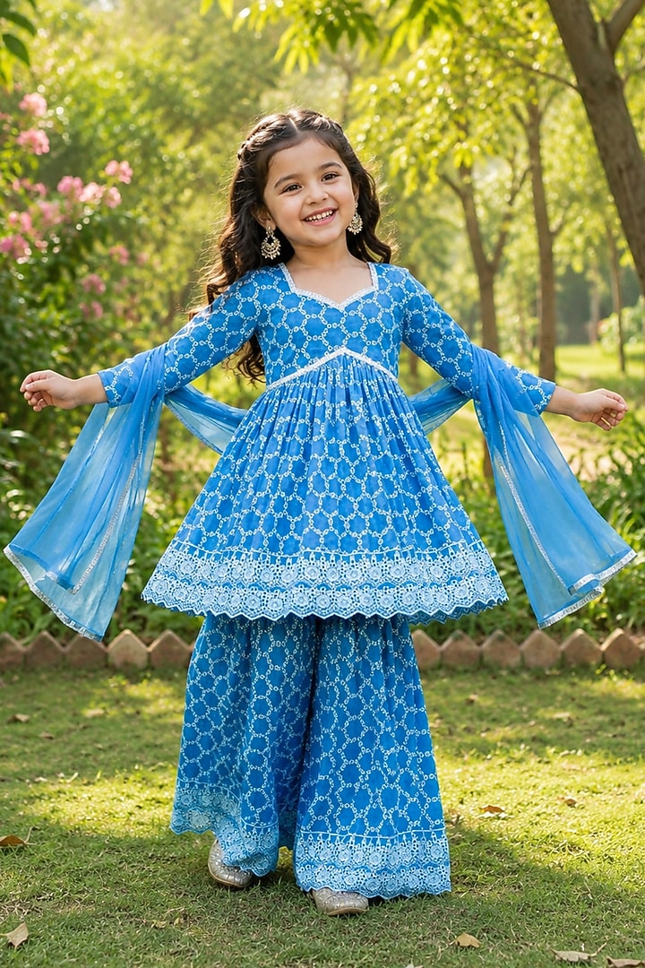 Blue Cotton Sharara Set For Girls by House Of Jamoti Kids at Pernia's Pop Up Shop