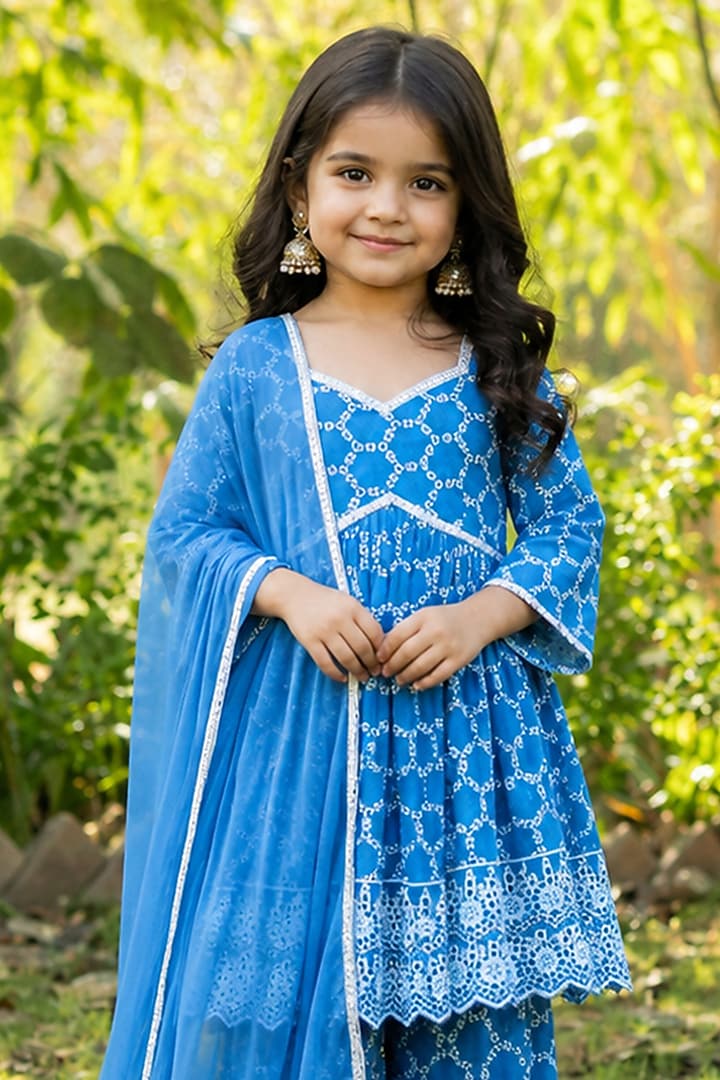 Blue Cotton Sharara Set For Girls by House Of Jamoti Kids at Pernia's Pop Up Shop