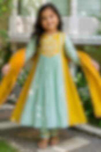 Mustard & Sage Green Silk Hand Work Kurta Set For Girls by House Of Jamoti Kids at Pernia's Pop Up Shop
