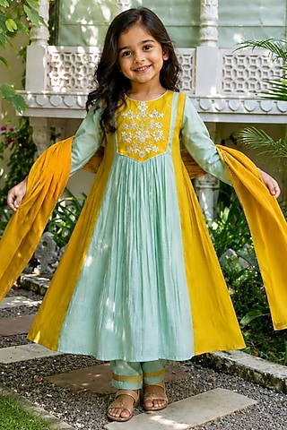 Mustard & Sage Green Silk Hand Work Kurta Set For Girls by House Of Jamoti Kids