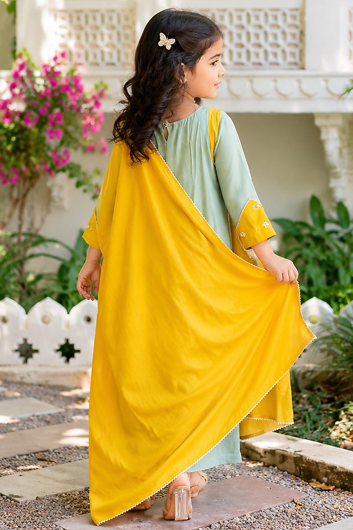 Mustard & Sage Green Silk Hand Work Kurta Set For Girls by House Of Jamoti Kids at Pernia's Pop Up Shop