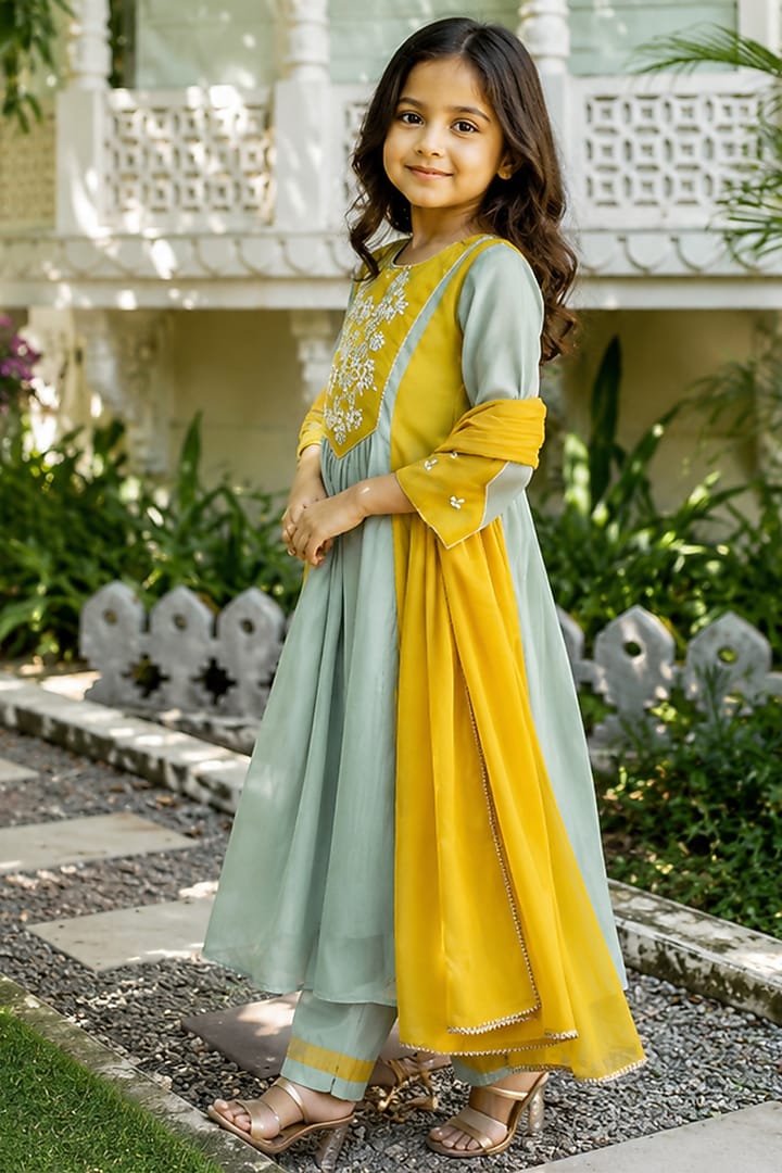 Mustard & Sage Green Silk Hand Work Kurta Set For Girls by House Of Jamoti Kids at Pernia's Pop Up Shop