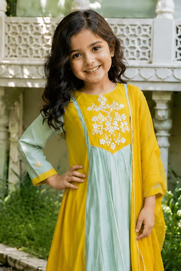 Mustard & Sage Green Silk Hand Work Kurta Set For Girls by House Of Jamoti Kids at Pernia's Pop Up Shop