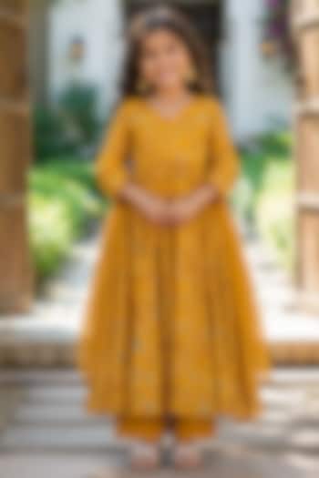 Yellow Cotton Block Printed Anarkali Set For Girls by House Of Jamoti Kids at Pernia's Pop Up Shop