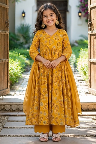 Yellow Cotton Block Printed Anarkali Set For Girls by House Of Jamoti Kids