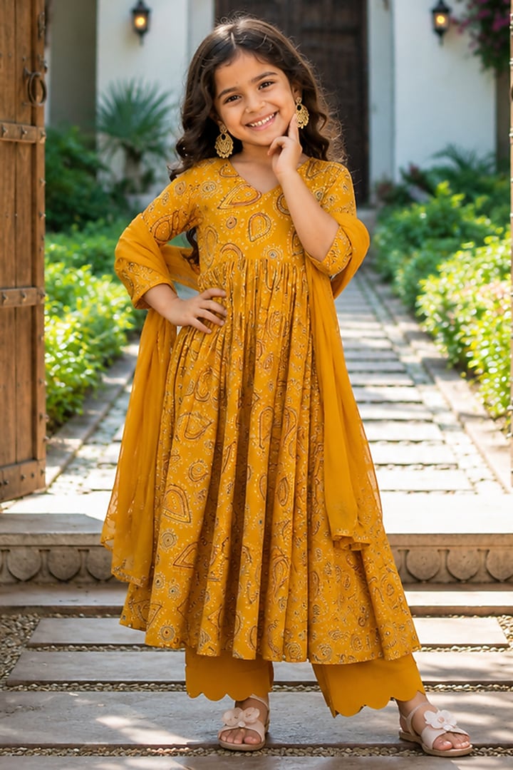 Yellow Cotton Block Printed Anarkali Set For Girls by House Of Jamoti Kids at Pernia's Pop Up Shop