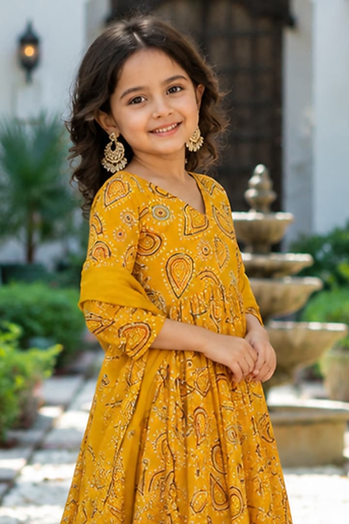 Yellow Cotton Block Printed Anarkali Set For Girls by House Of Jamoti Kids at Pernia's Pop Up Shop