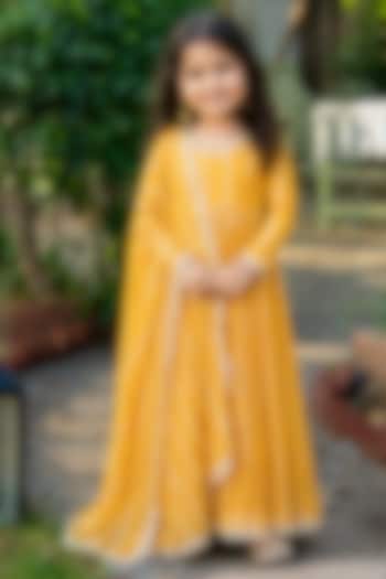 Yellow Viscose Zari Striped Anarkali Set For Girls by House Of Jamoti Kids at Pernia's Pop Up Shop