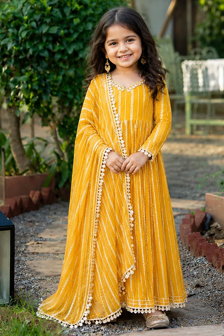 Yellow Viscose Zari Striped Anarkali Set For Girls by House Of Jamoti Kids at Pernia's Pop Up Shop