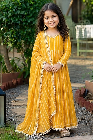Yellow Viscose Zari Striped Anarkali Set For Girls by House Of Jamoti Kids