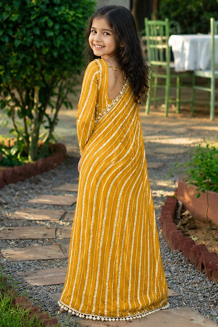 Yellow Viscose Zari Striped Anarkali Set For Girls by House Of Jamoti Kids at Pernia's Pop Up Shop