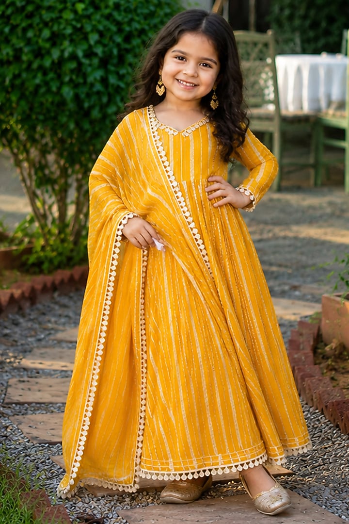 Yellow Viscose Zari Striped Anarkali Set For Girls by House Of Jamoti Kids at Pernia's Pop Up Shop