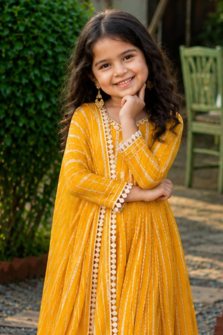 Yellow Viscose Zari Striped Anarkali Set For Girls by House Of Jamoti Kids at Pernia's Pop Up Shop