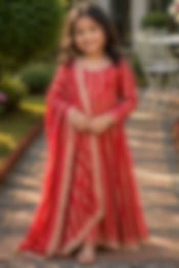 Red Viscose Zari Striped Anarkali Set For Girls by House Of Jamoti Kids at Pernia's Pop Up Shop