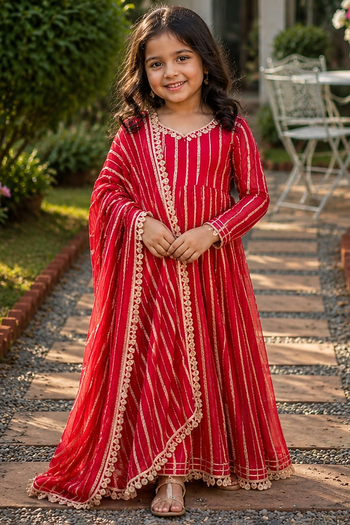 Red Viscose Zari Striped Anarkali Set For Girls by House Of Jamoti Kids at Pernia's Pop Up Shop
