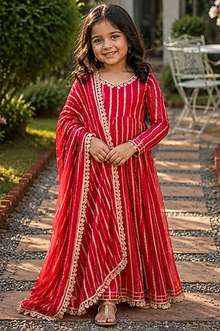 Red Viscose Zari Striped Anarkali Set For Girls by House Of Jamoti Kids
