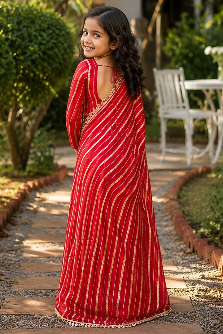 Red Viscose Zari Striped Anarkali Set For Girls by House Of Jamoti Kids at Pernia's Pop Up Shop