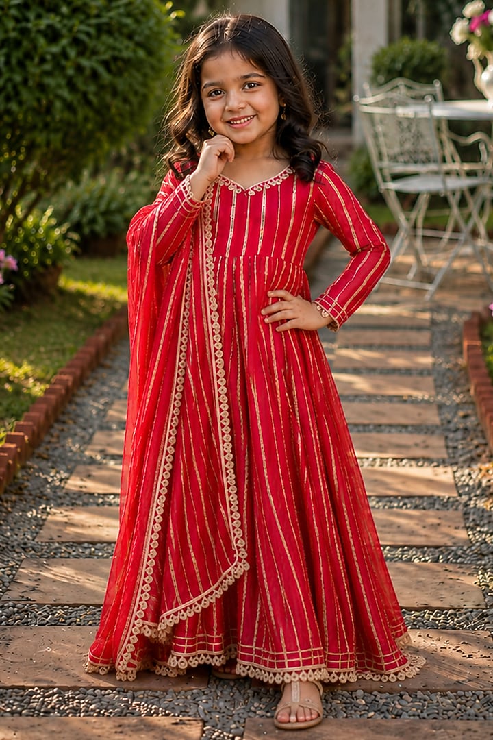 Red Viscose Zari Striped Anarkali Set For Girls by House Of Jamoti Kids at Pernia's Pop Up Shop