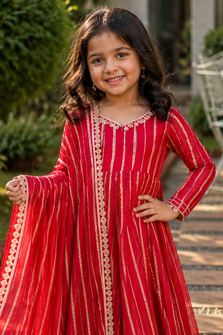 Red Viscose Zari Striped Anarkali Set For Girls by House Of Jamoti Kids at Pernia's Pop Up Shop