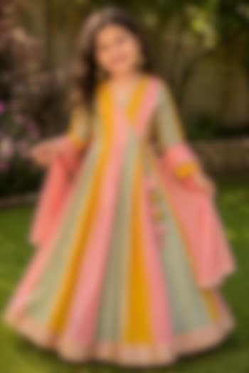 Multi-Colored Mul Chanderi Striped Anarkali Set For Girls by House Of Jamoti Kids at Pernia's Pop Up Shop