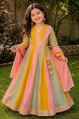 Multi-Colored Mul Chanderi Striped Anarkali Set For Girls by House Of Jamoti Kids