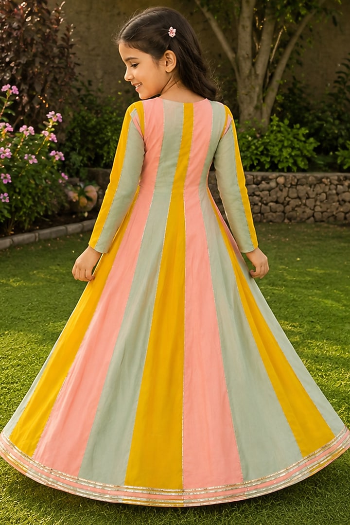 Multi-Colored Mul Chanderi Striped Anarkali Set For Girls by House Of Jamoti Kids at Pernia's Pop Up Shop