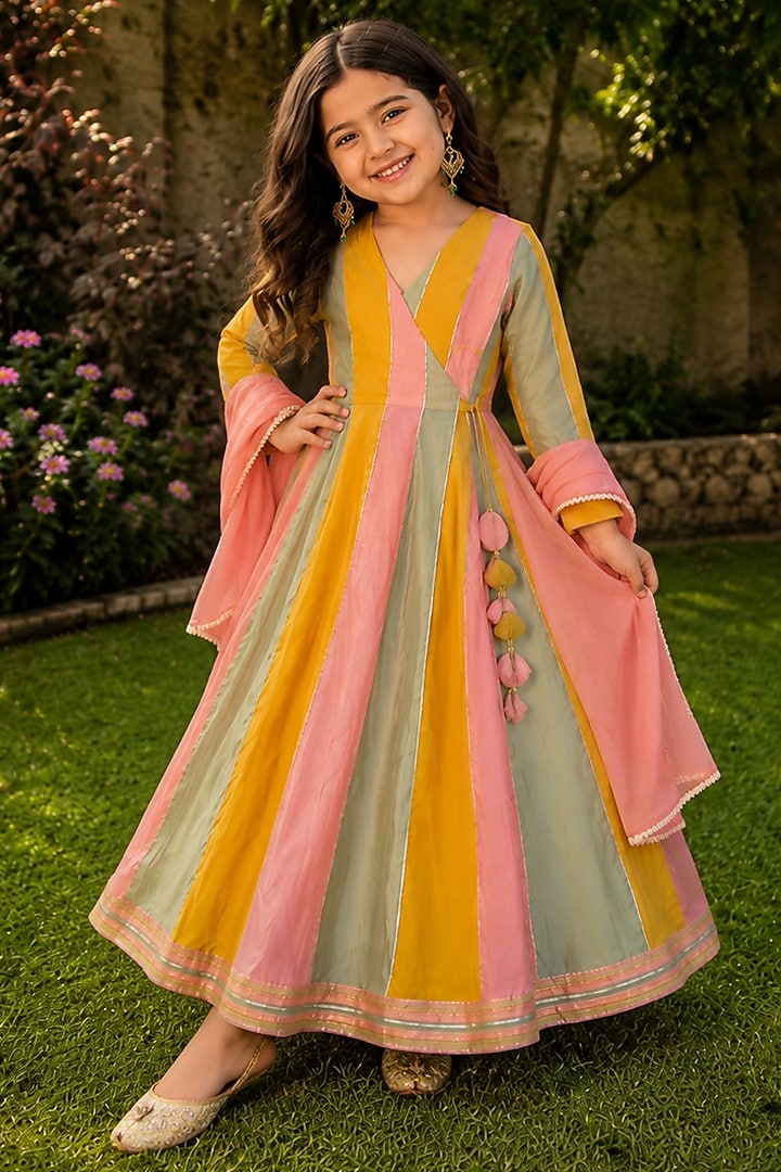 Multi-Colored Mul Chanderi Striped Anarkali Set For Girls by House Of Jamoti Kids at Pernia's Pop Up Shop
