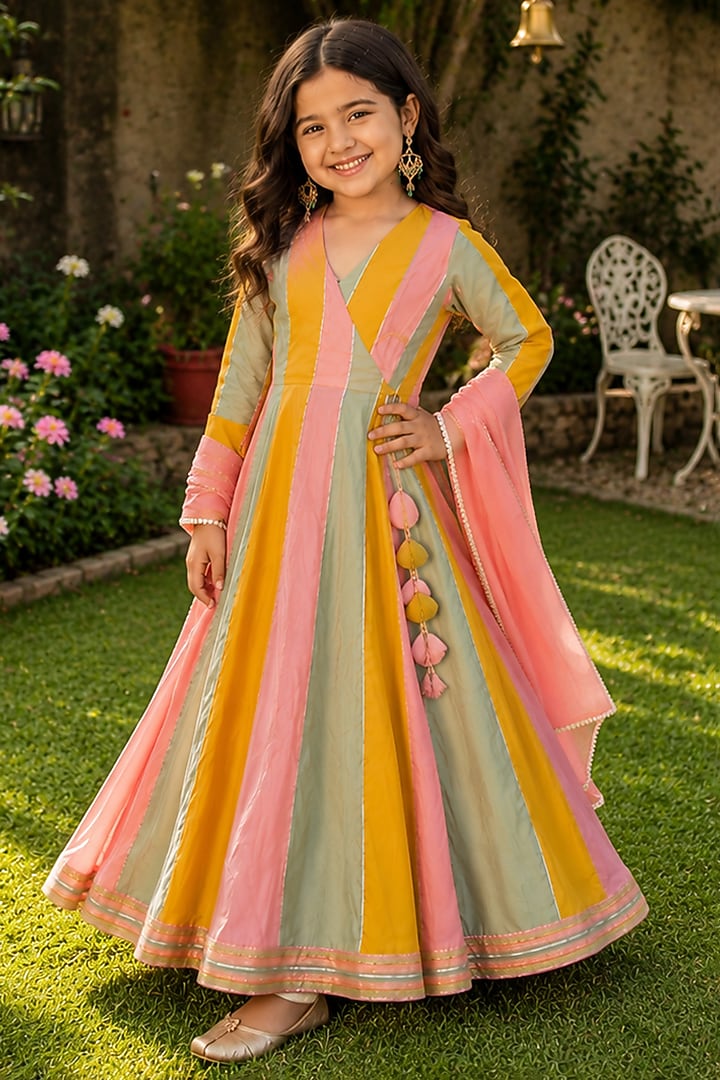 Multi-Colored Mul Chanderi Striped Anarkali Set For Girls by House Of Jamoti Kids at Pernia's Pop Up Shop