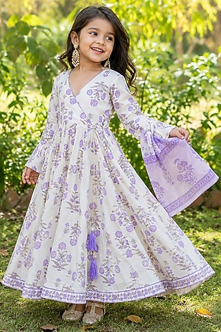 White Cotton Angrakha Anarkali Set For Girls by House Of Jamoti Kids