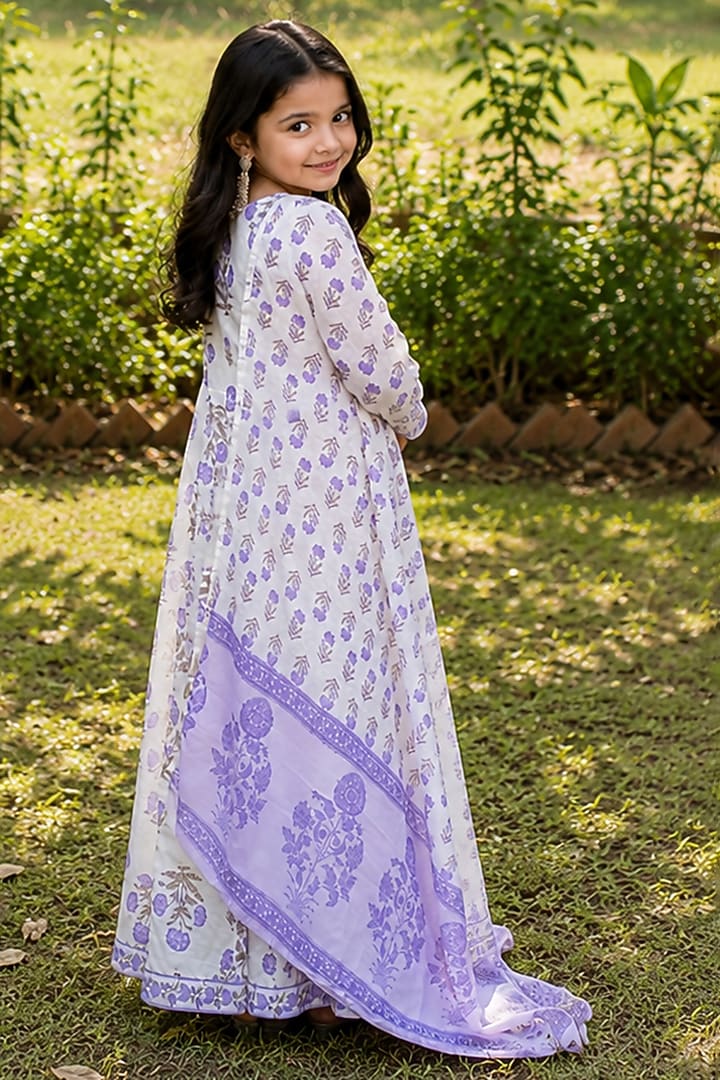 White Cotton Angrakha Anarkali Set For Girls by House Of Jamoti Kids at Pernia's Pop Up Shop