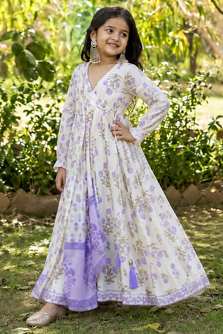 White Cotton Angrakha Anarkali Set For Girls by House Of Jamoti Kids at Pernia's Pop Up Shop